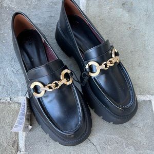 New ZARA Black lug sole platform gold embellished loafers shoes size 39